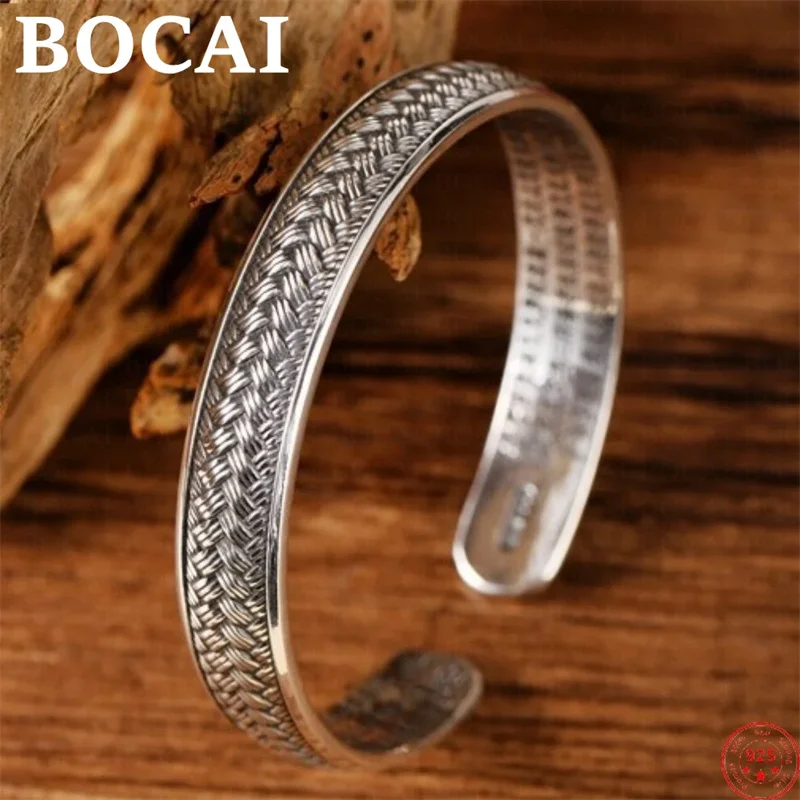 

BOCAI S999 Sterling Silver Bracelet for Women 2022 New Fashion Heart Sutra Solid Bangle Opening Adjustable Aragentum Jewelry