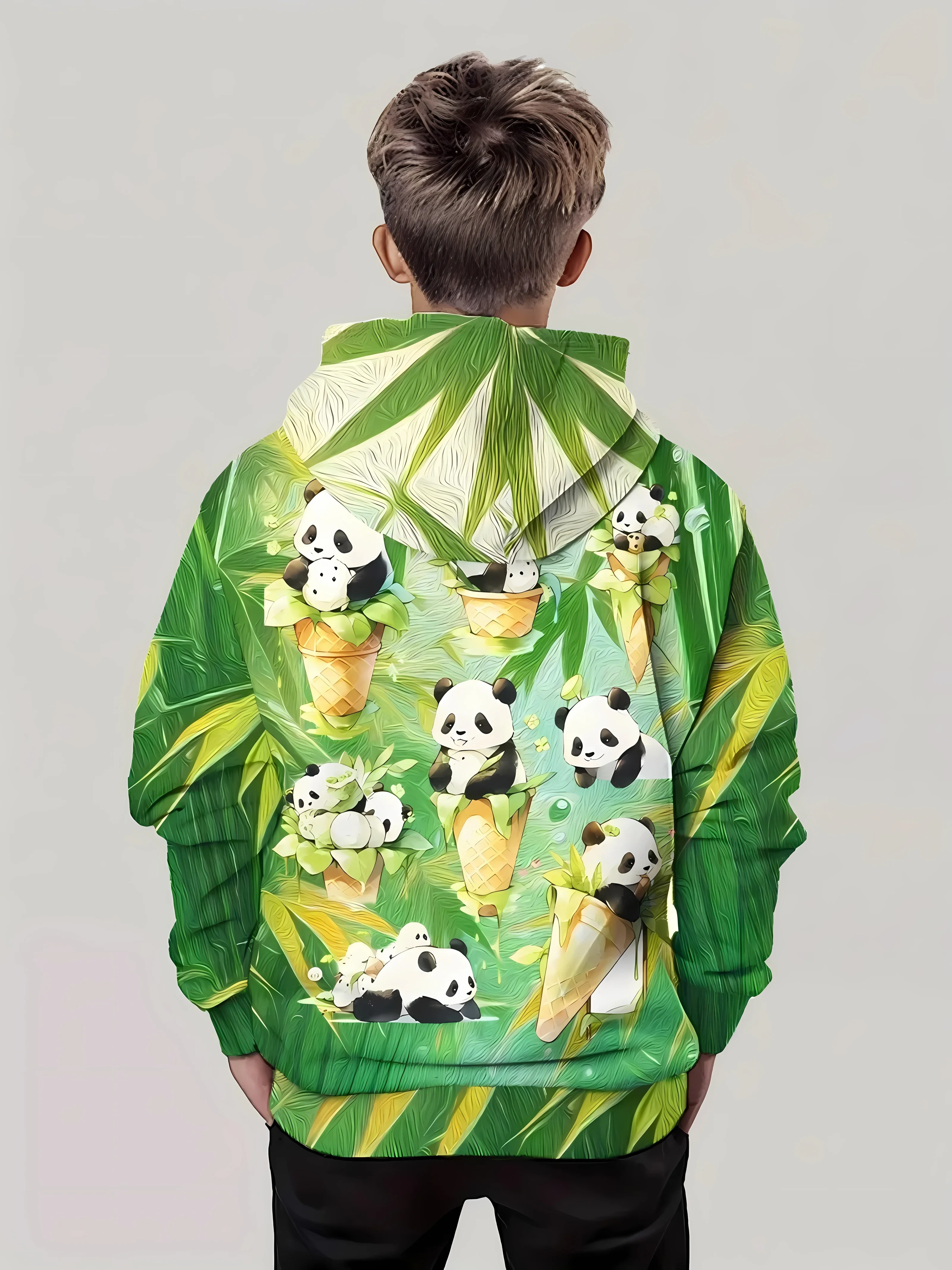 سترة بغطاء للرأس جديدة مريحة للأطفال لخريف 2025 ثلاثية الأبعاد مطبوعة على آيس كريم الباندا بلوفر غير رسمي وعصري