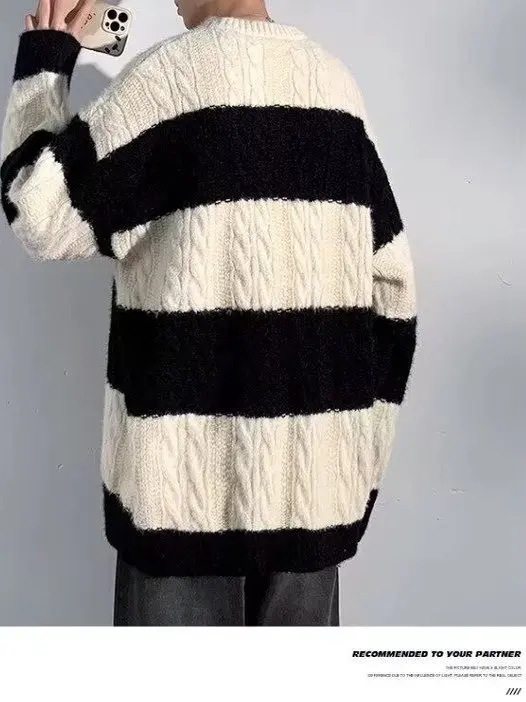 

Вязаный свитер в полоску Thiened для мужчин, теплый повседневный свитер американского цвета, осень-зима, модное теплое молодежное длинное платье...