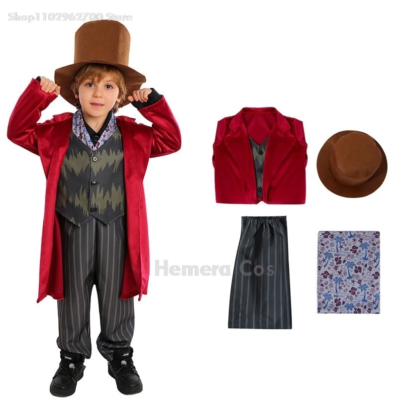 2024 Adults Kids Movie Chocolate Wonca Cosplay Costume Wig Hat Factory Willie Cosplay Clothing Kid Halloween Carnaval Party Suit