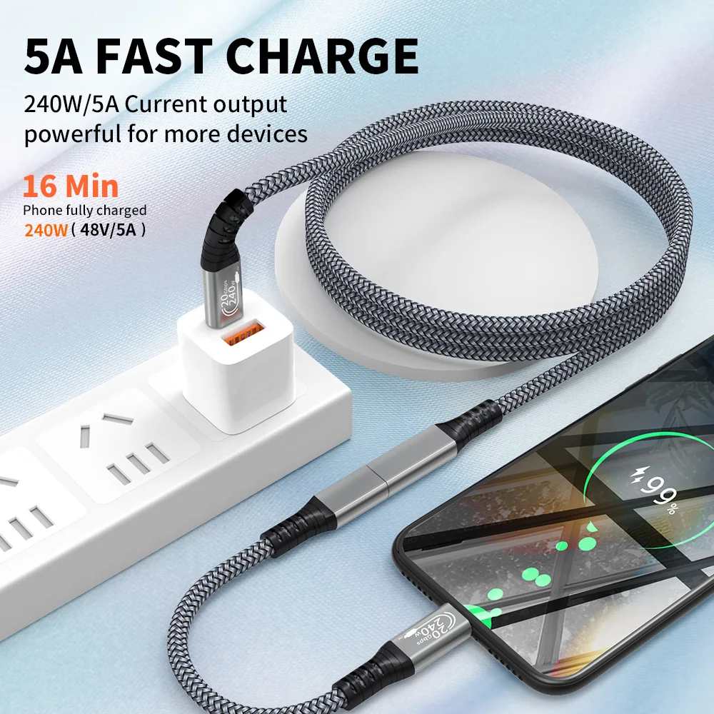 LAIHONEN USB‑C 3.2 Gen2 20Gbps Extension Cable Type‑C to‑C 240W 5A PD QC3.2 Fast Charging 4K 60Hz Video Cord For MacBook Pro