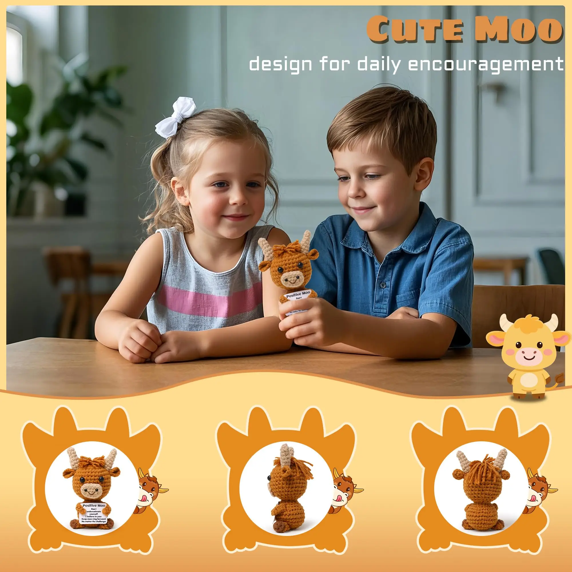 لعبة بقرة صوف محبوكة صغيرة مضحكة إيجابية على شكل بقرة المرتفعات مع بطاقة إيجابية دمية كروشيه لطيفة إبداعية دعم عاطفي يهتف