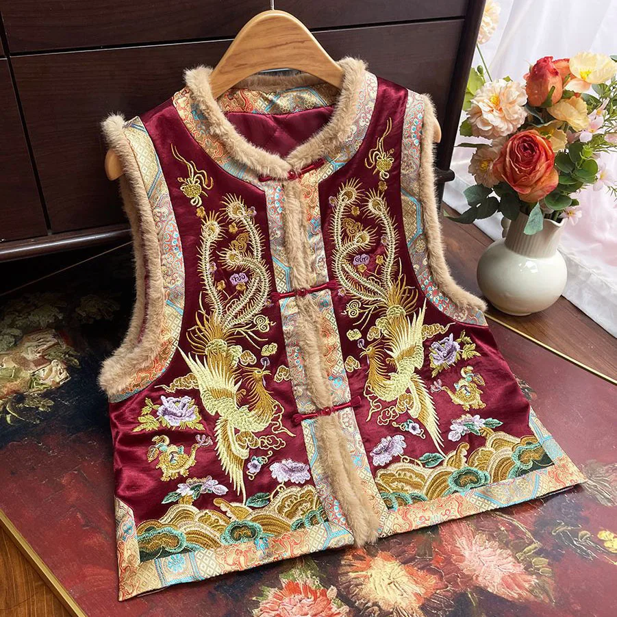 

Роскошный жилет с вышивкой в виде феникса, новый китайский стиль, женская безрукавка, кимоно, винтажная куртка на пуговицах