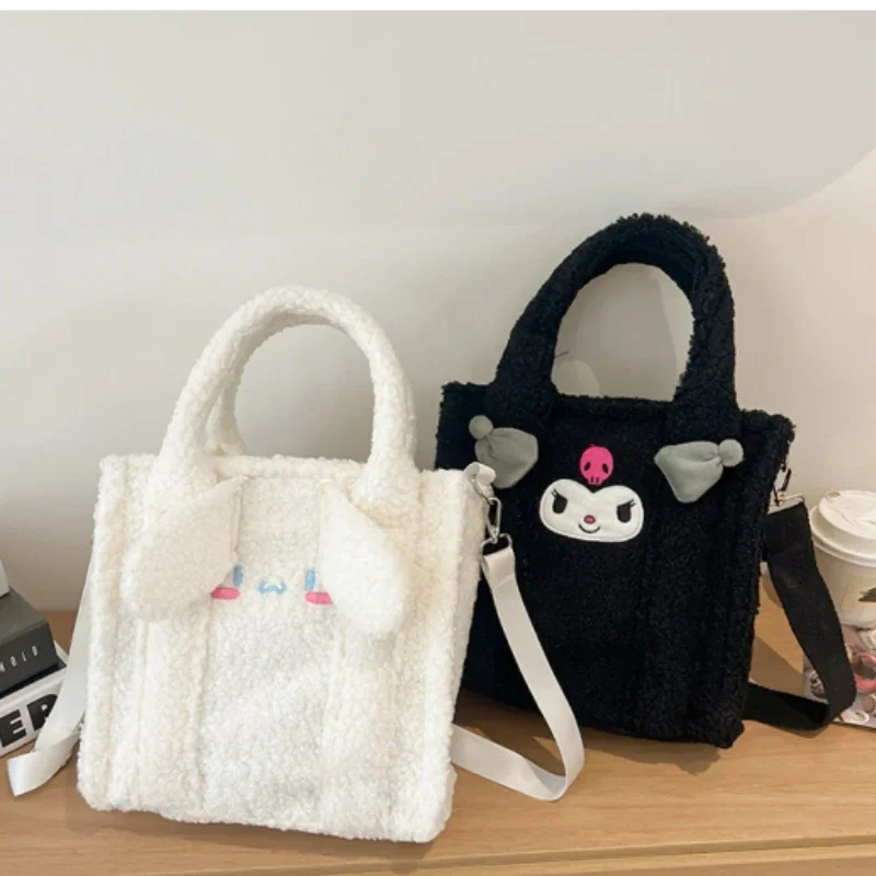 Sanrio Kuromi Bag Girls Soft Plush Tote Bag Cartoon Kawaii Embroidery Imitation Lamb Hair Shoulder Bag Women Shopper Bag Bolsa