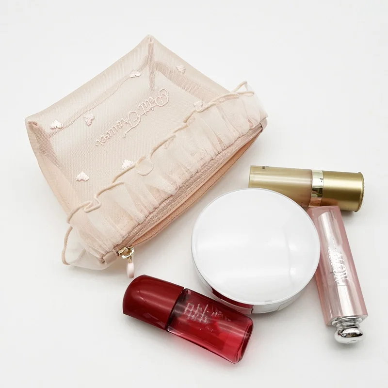 1Pc Ins Style Girl Mesh Love Embroidery Portable Makeup Bag Cute Tissue Pack Makeup Storage Bag