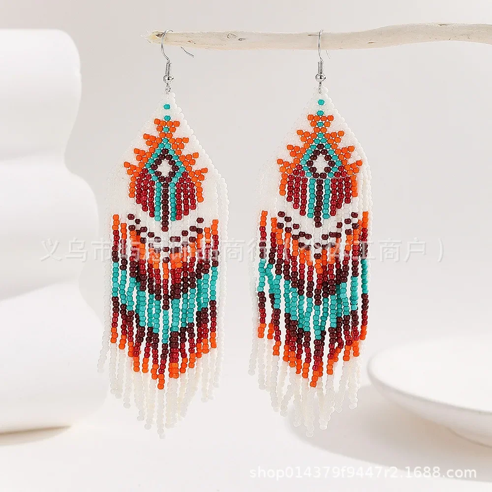 Beaded earrings Tassel Geometry Design Originality Gradient Hand knitting Bohemia Alloy Tide Simple Rice bead earrings