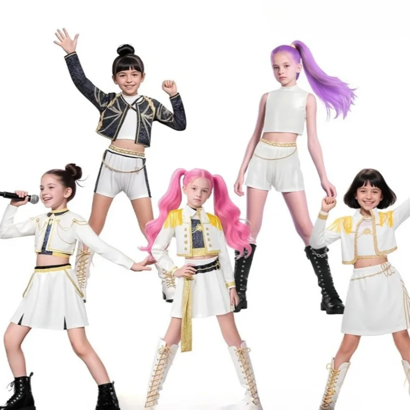 

Anime Kpop Cosplay Hunters Costume Girls White Stage Performance Dress Rumi Zoey Mira Clothes Role Play Outfit for Children