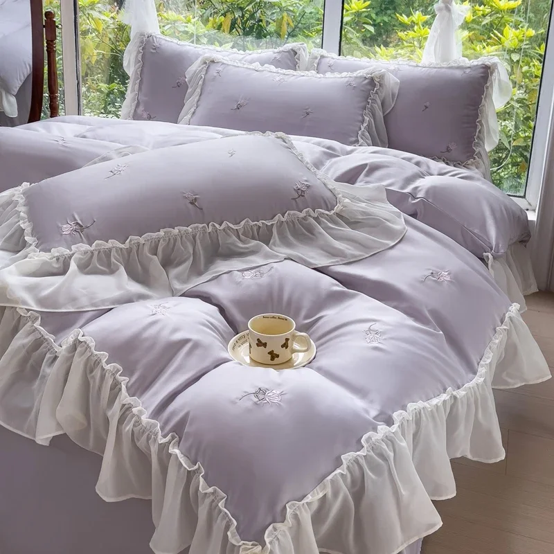 New 2025 Luxury Bedding Set, Ice Silk, Korean - Style with Ruffles and Embroidery, Fits 1.2m, 1.5m, 1.8m, 2.0m Beds