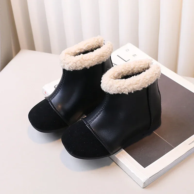 Girls Ankle Boots Fashion Versatile Kids Short Boots Pu Leather Round Toe 2024 Brand New Girls Snow Boots Warm 21-30 Non-Slip