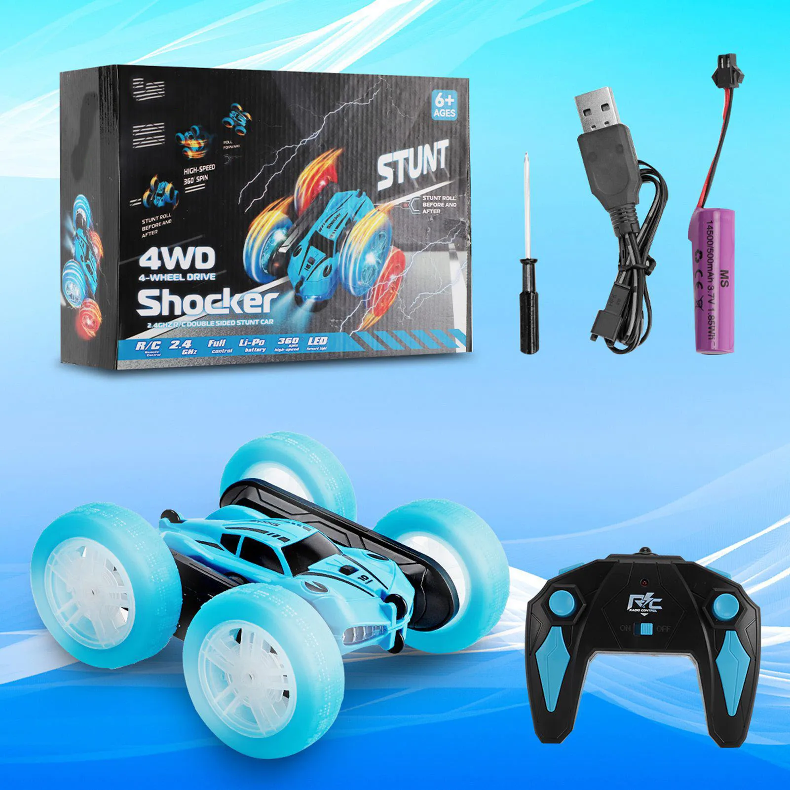

2.4G Double Sided RC Stunt Car 360 Degree Flip Rotating Remote Control Car with Light 2 Rechargeable Batteries Blue RC Stunt Car