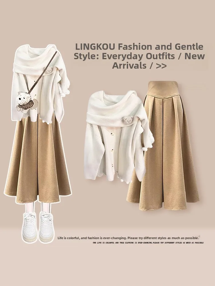 

Свободный вязаный комплект в корейском стиле для женщин больших размеров: осенний повседневный костюм из юбки и свитера, асимметричный, скрывающий недостатки фигуры