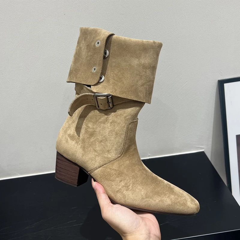منتصف العجل عالية الكعب النساء الأحذية مكتنزة تشيلسي الأحذية الجلد المدبوغ أحذية شتاء 2025 أنيقة حذاء الثلج عالي الرقبة دافئ عادية المشي Zapatos سيدة