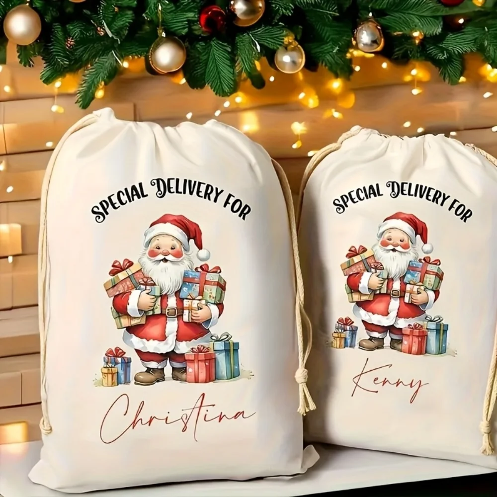 1Pc Custom Name/Text Santa Claus Design Imitation Hemp Gift Bag, Drawstring Closure Storage Bag, Party Candy Bags,Christmas Gift