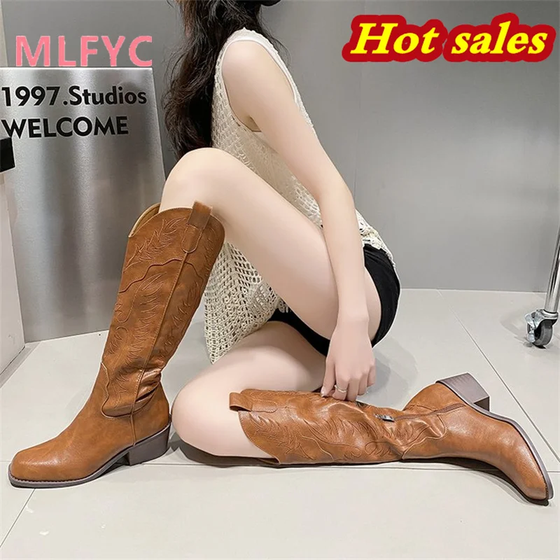 Thick Heel Western Denim Boots Women's V-neck Printed Knight Boots Side Zipper Fashion Long Sleeve Boots Cowhide