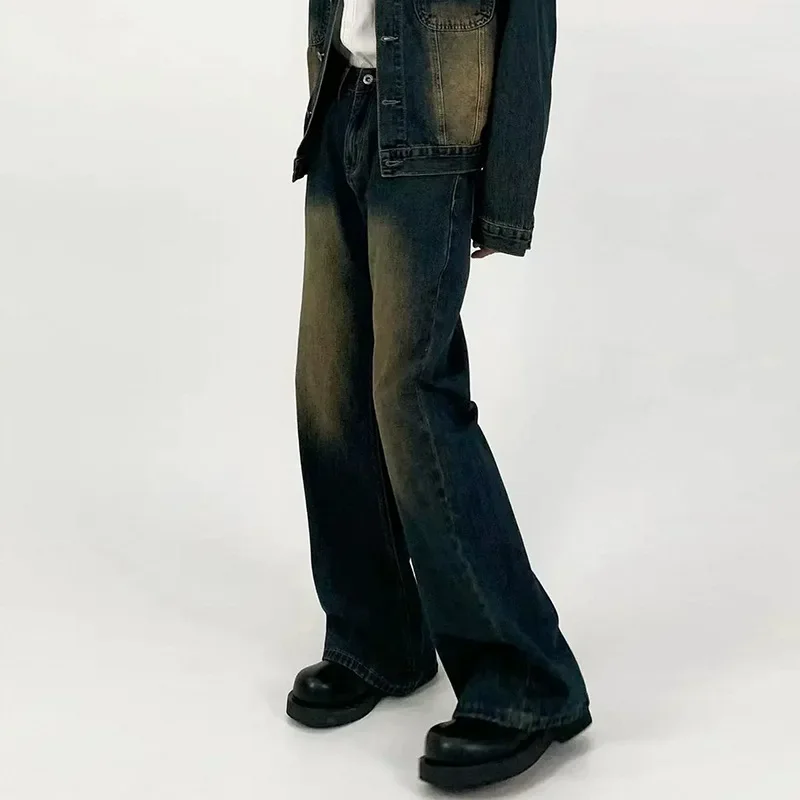 Flare Pant Men Jeans Denim Pants Slim Fit Straight Trousers Regular Splice Simple Button Pocket High Waist Casual Autumn