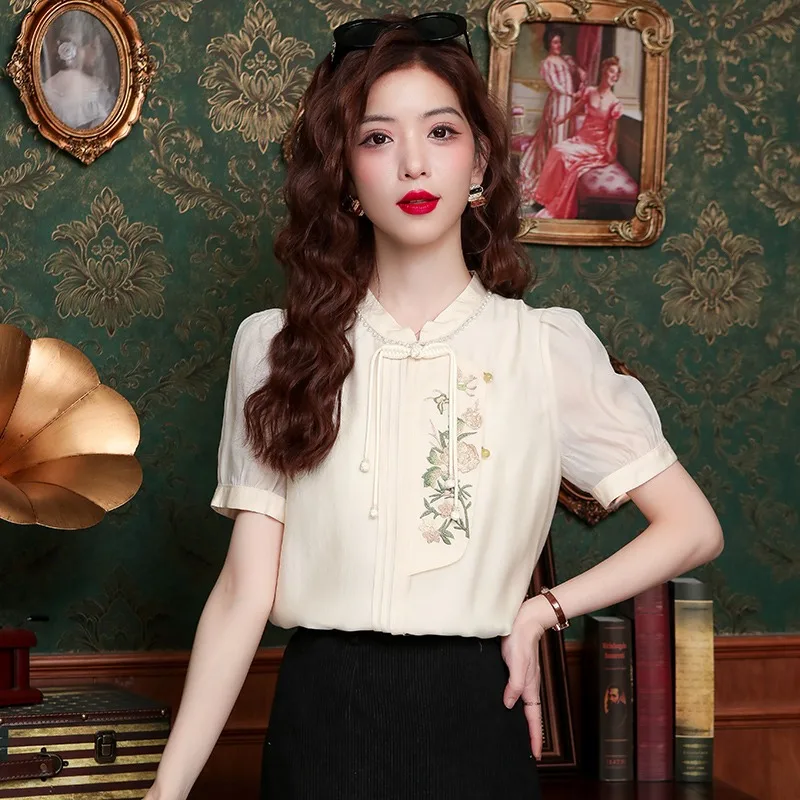 

Satin Women's Shirts Summer Embroidery Chinese Style Blouses Loose Short Sleeve Women Tops Vintage Clothing