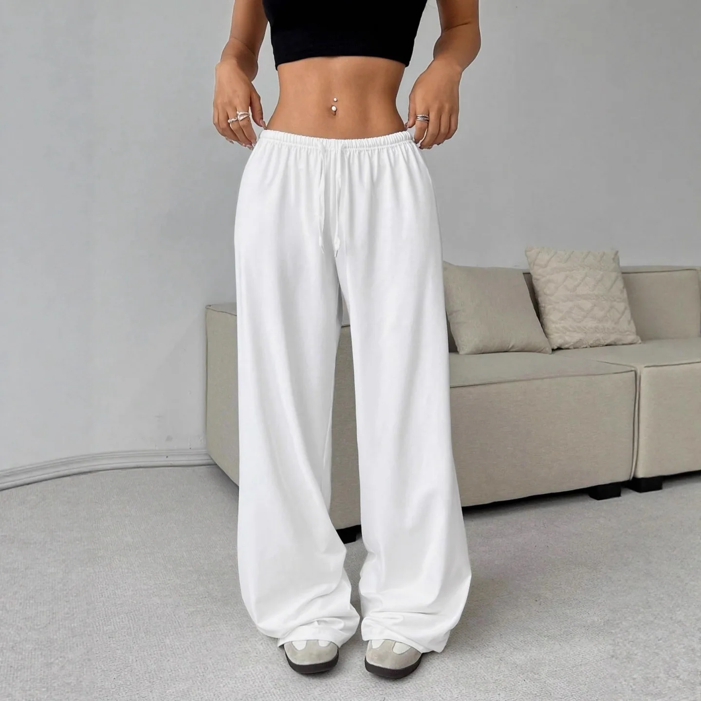 Women's Fashion Comfortable Solid Color Pants Loose Wide Leg Sporty Casual Elastic Waist Pants Loose Fit Baggy Sweatpant Women