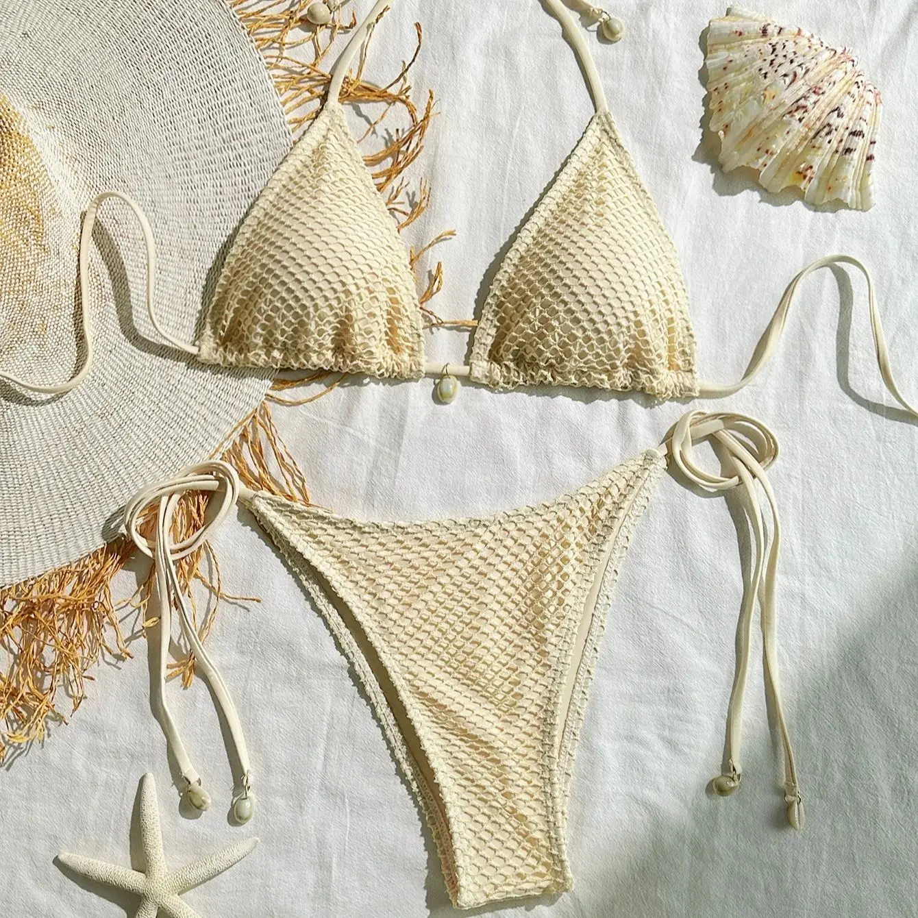 

DEKA White Shell String Bikini 2025 Женский роскошный бюстгальтер пуш-ап с завязками по бокам Купальник-стринги Бразильский пляжный купальный костюм Микро Купальники