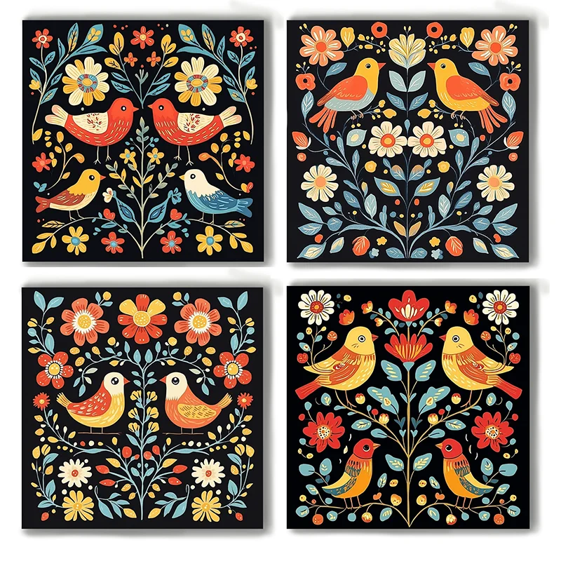 

Scandinavian Folk Art Pattern Vibrant Flat Style Bird and Flower Poster for Modern Home Living Room Wall Art Canvas Painting