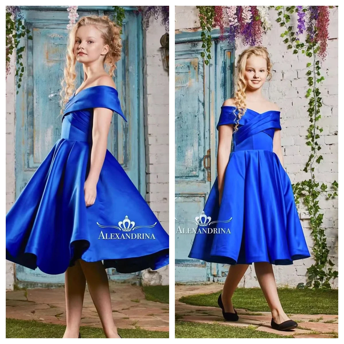 Custom Satin Off Shoulser Flower Girl Dress For Wedding Blue Ball Gowns Kids Princess Piano Performance First Communion Dress