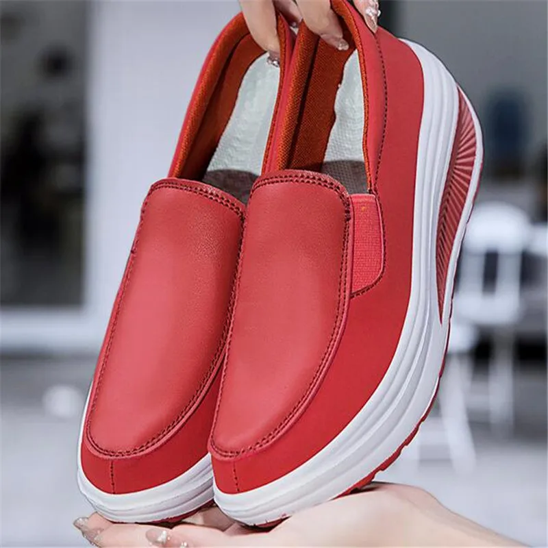 Women's Shoes Spring Genuine Leather Soft Outsole Work Shoes Female Black Swing Shoes Woman Plus Size Wedges Single Shoes2023