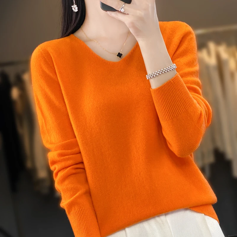 Women\'s Fine Round Neck Cashmere Knitted Comfortable Sweater 100% Pure Wool Merino Winter Fashion V-Neck Top Autumn Warm Pullove