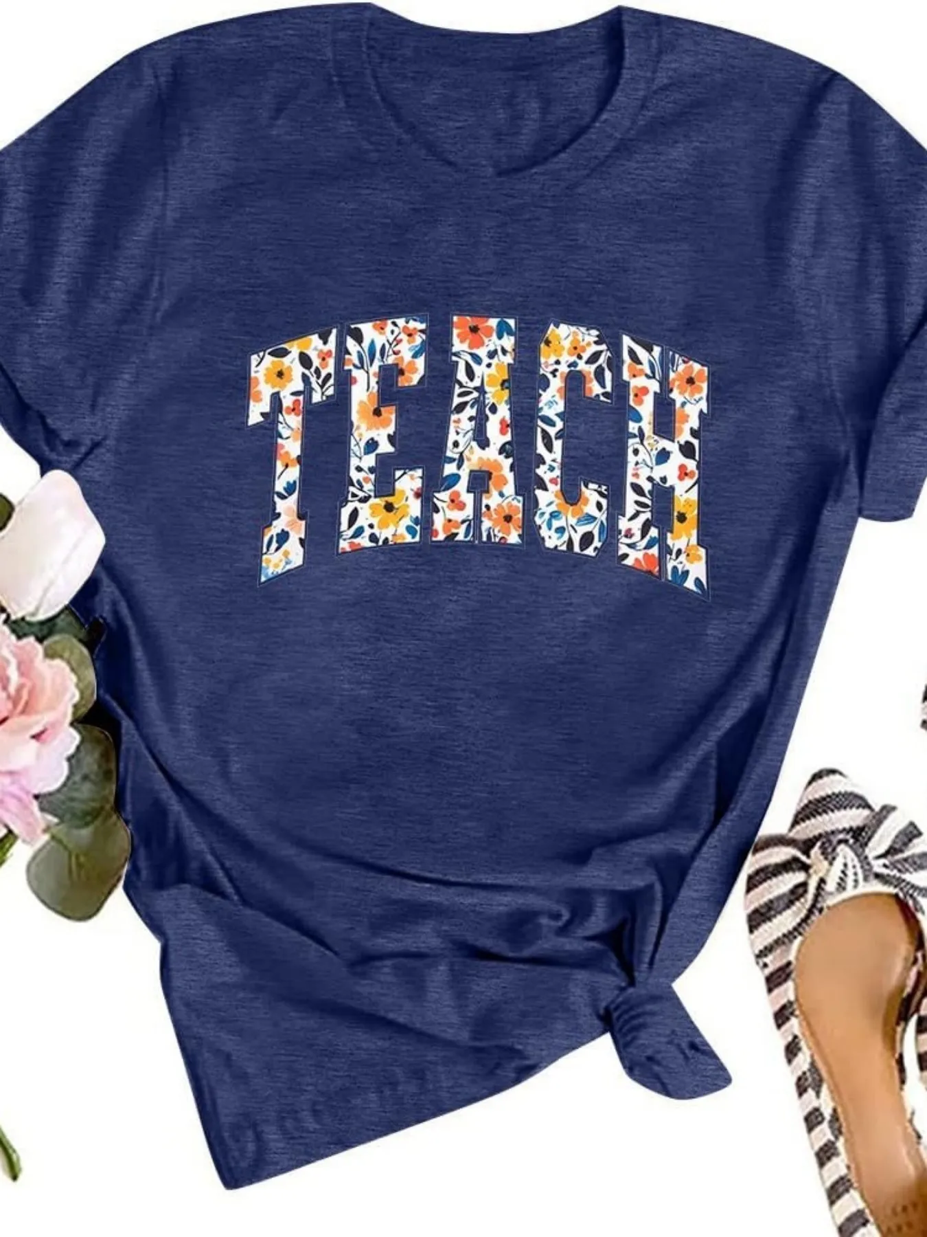 Plus size women's short sleeve T-shirt Floral Patterned Lettering Design comfortable soft fabric summer outfit women's clothing