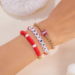 3 Pcs Football Basketball Baseball Volleyball Bracelet Soft Clay Pottery Gold Color Beads Bangle Unisex Student Sports Jewelry
