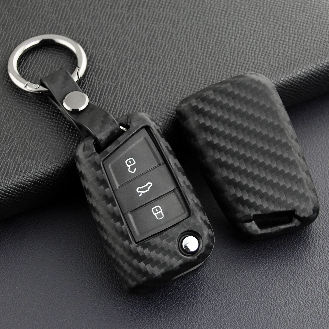 Flip Car Key Fob Case Cover Chain For Skoda Octavia Kodiaq Karoq Superb VW Golf 7 Tiguan Polo SEAT Ateca Leon Carbon Fiber