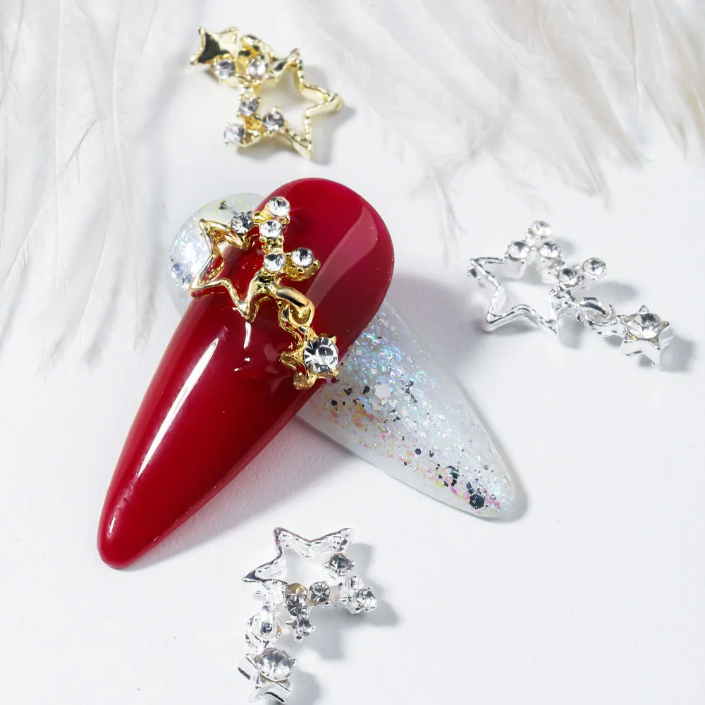 10pcs Gold/Silver 3D Star Nail Charms Hollow out Gems Crystal Decoration for Manicure DIY Shinny Starlight Y2K Supplies Parts