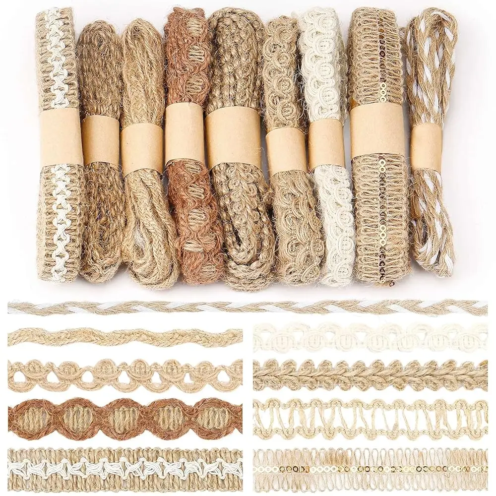 

9 рулонов джутовых лент, кружевная тесьма из мешковины, джутовые ленты для рукоделия, для цветочных букетов, ассорти лент для шитья, упаковки, поделок, свадебных украшений
