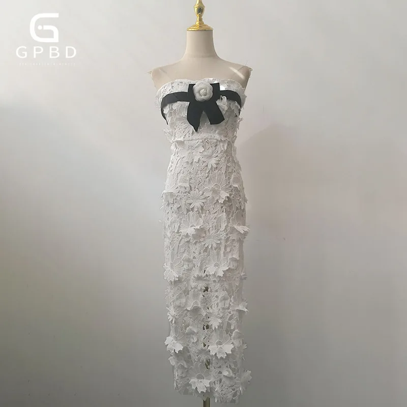 

2025 Summer New Sexy Embroidered Patchwork Bow Strapless Slim Fit Long Dress Elegant Beach Vacation Style Dress For Women