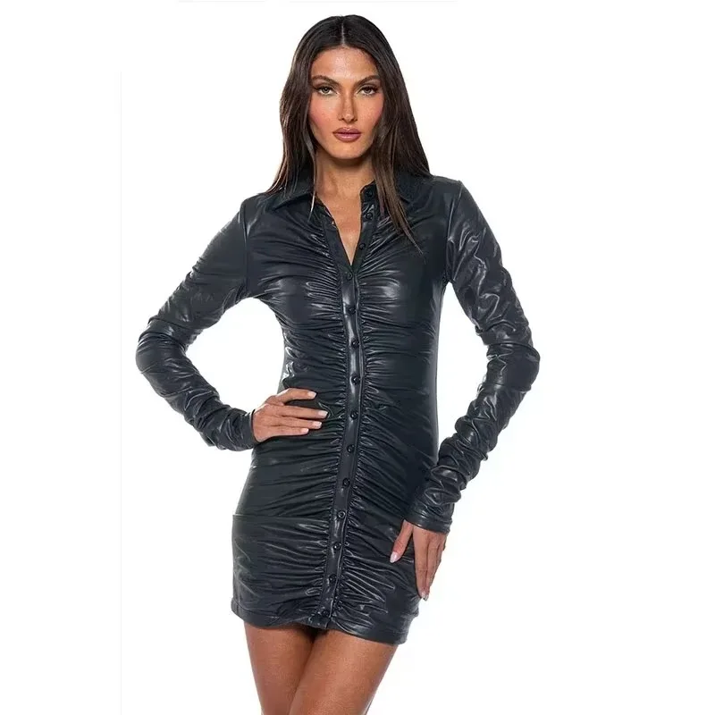 

Sexy Black Womens Wetlook Patent Leather Mini Dress Long Sleeve Bodycon Dress for Halloween Party Club