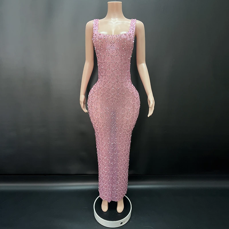 مثير المرحلة الأزرق الراين الأحمر فستان شبكي شفاف عيد ميلاد احتفال مساء زي الرقص أداء التقطت الصور