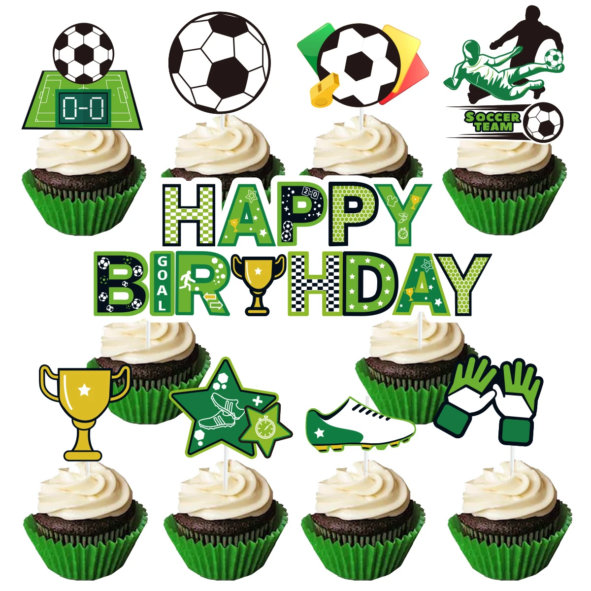 Soccer Cake Topper Boy Girl Soccer Happy Birthday Cupcake Toppers Party Dessert Football Theme Party Baby Shower forniture per la cottura