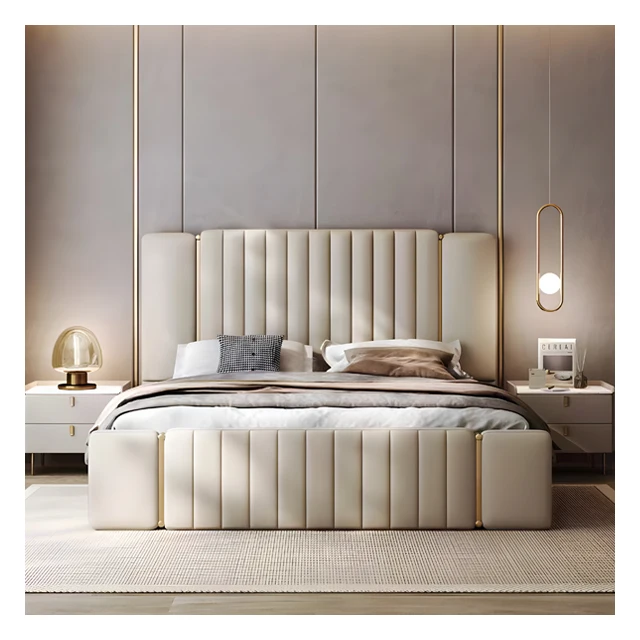 

Italian Style Light Leather Double Bed Modern Bedroom Queen Size Wooden Bed Frame