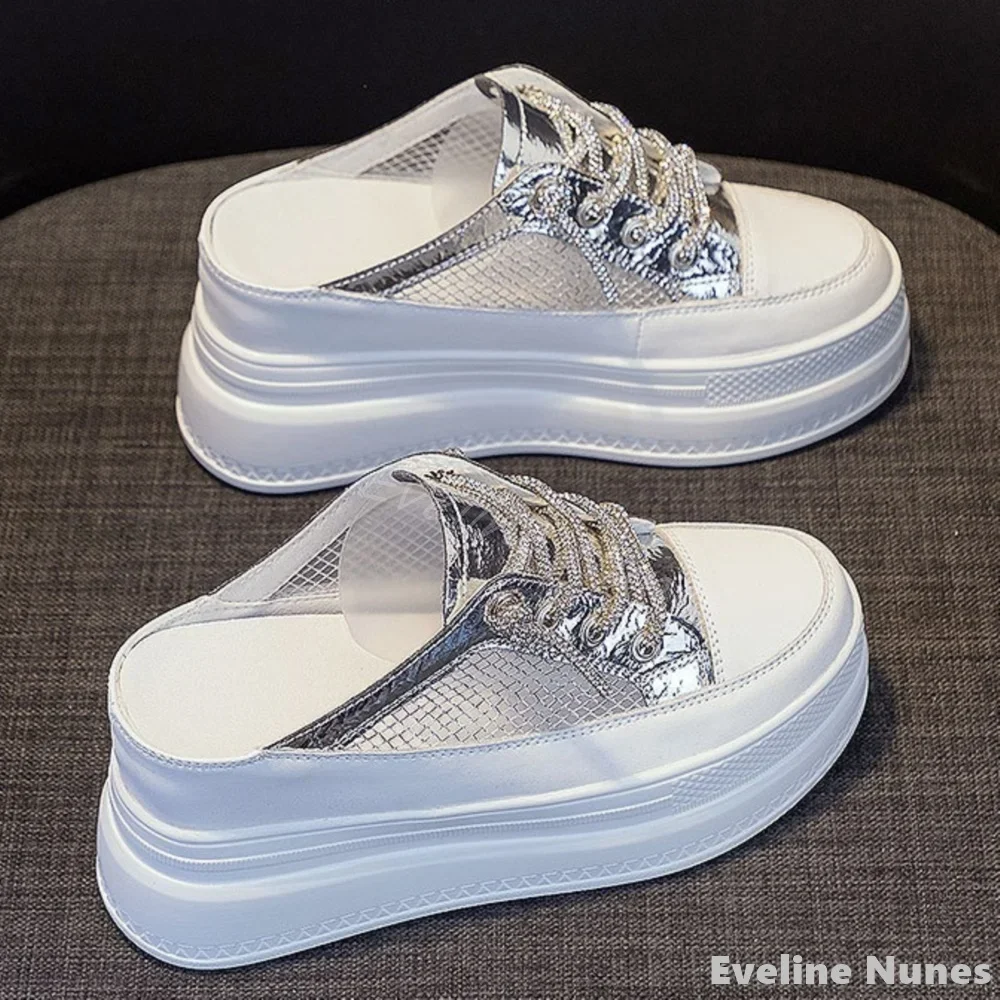 

Summer Mesh Hollow Breathable Closed Toe Slippers Women Round Toe Platform Slip On Silver Slippers 2025 New Fashion Sneakers