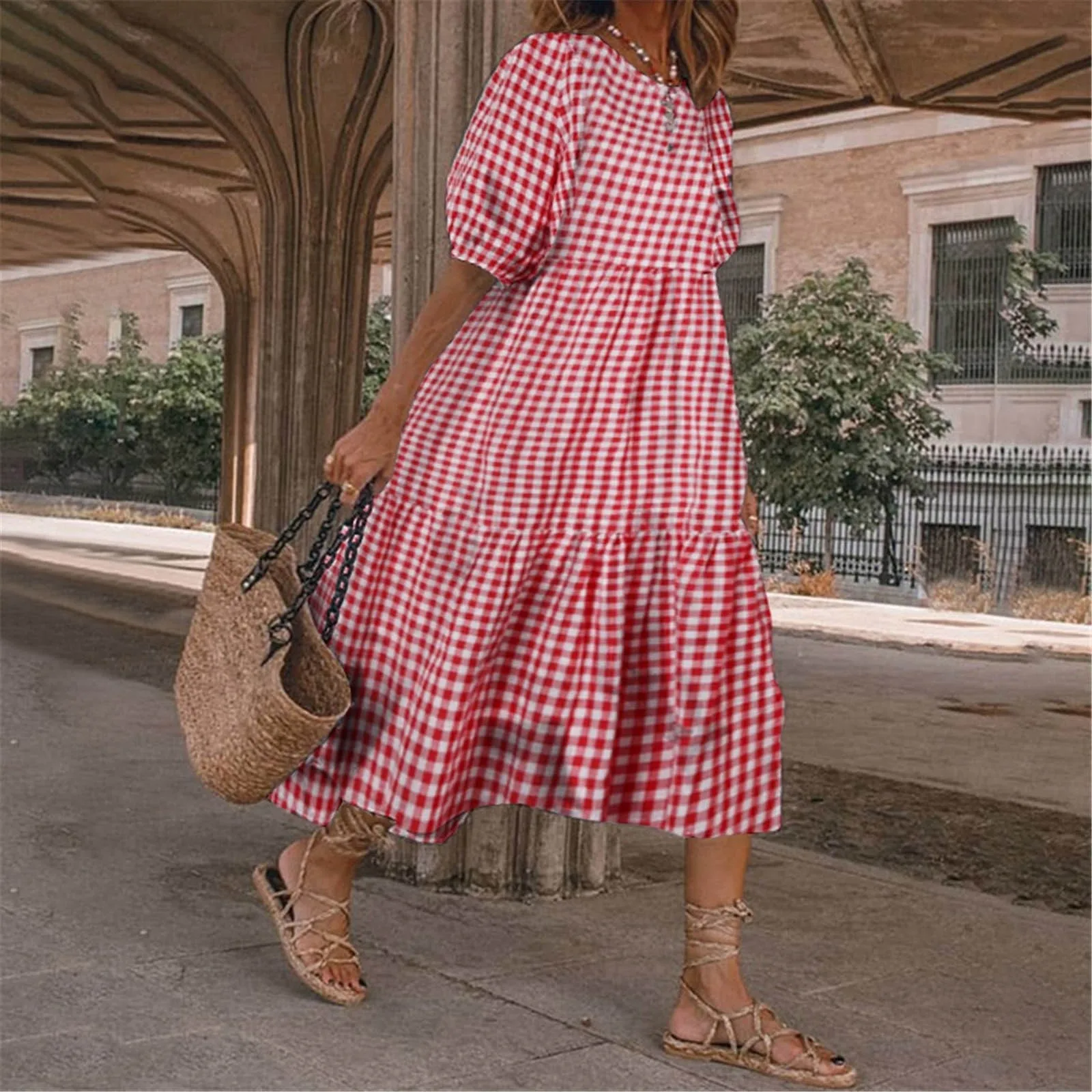 Summer Plaid Dress Women New Street Short Sleeve Loose Casual O-Neck Half Sleeve A-Line Dresses Vacation Beach Long Skirt