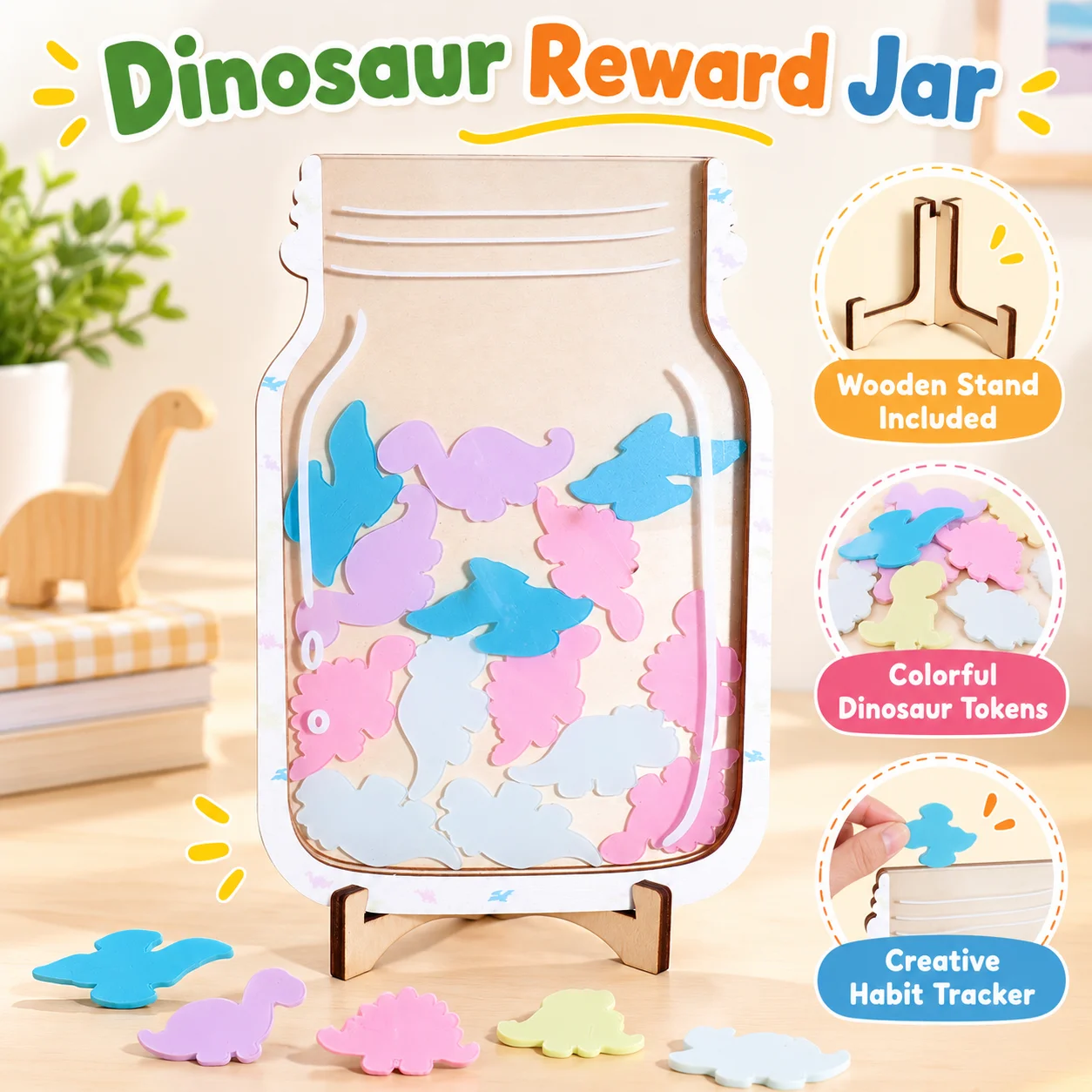 Wooden Dinosaur Reward Mason Jar With Stand, Acrylic Decorative Token Jar For Habit Tracking Chore Chart Desk Ornament Gift
