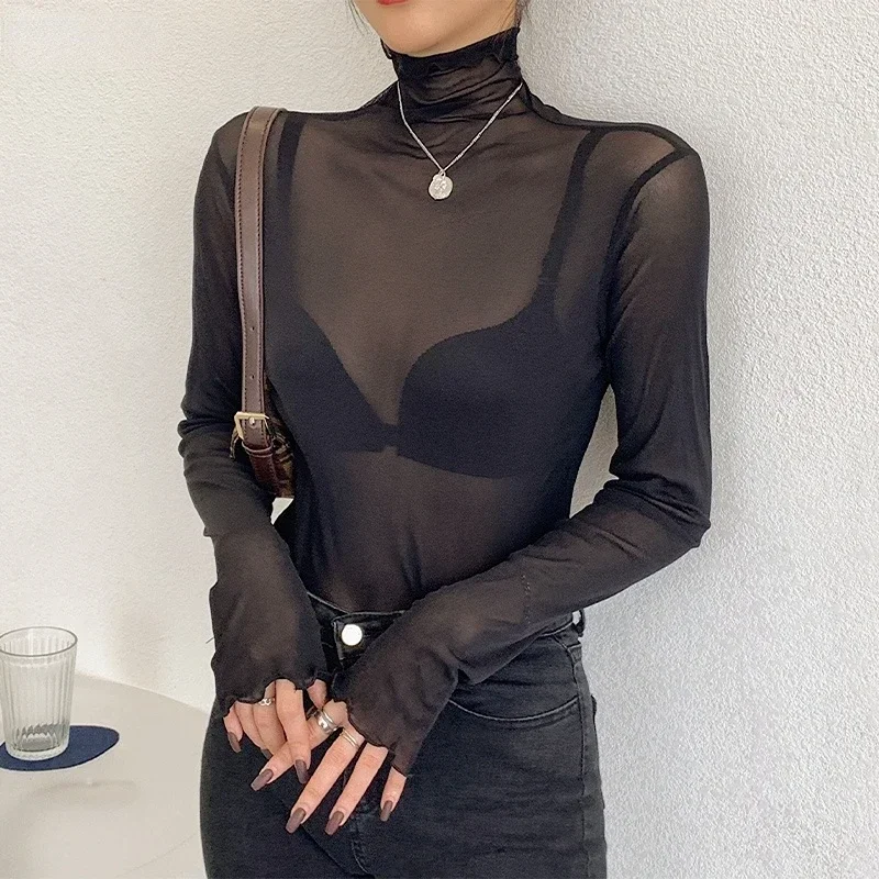 Women\'s Clothing with High Neck Long Sleeved Shirt Top Chubby Spring Autumn Sexy See Through Mesh Base Shirt  Trendy