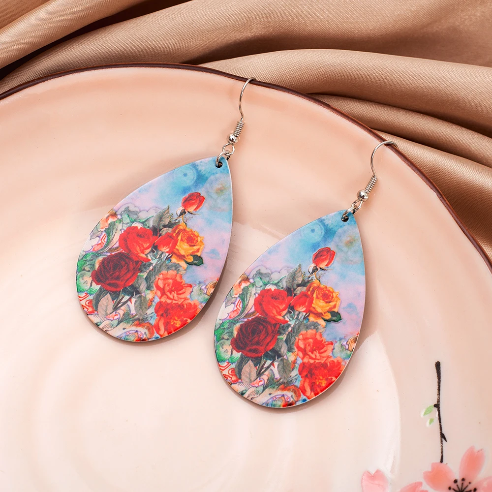Fashion Water Drop Relievo Printing Rose Flower Acrylic Women\'s Earrings Trend 2025 Retro Style Aesthetic Elegant Girls Jewelry