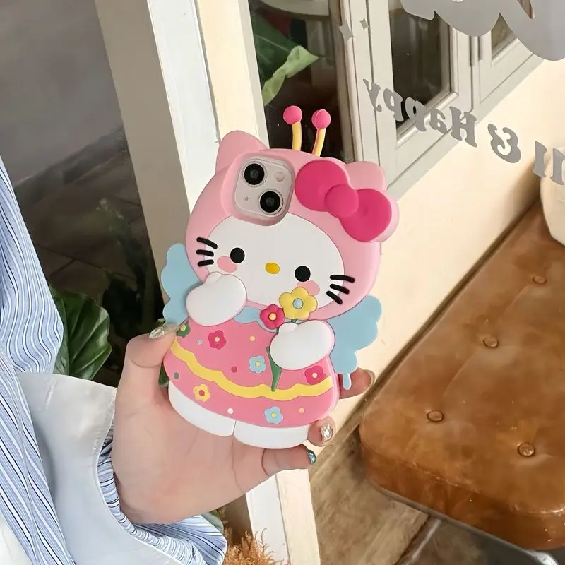 Hello Kitty Sanrio Plush Kawaii Cartoon Cute Cubic Pink Bee Kt Silicone Iphone Case Anime Plush Toys for Girls Birthday Gift