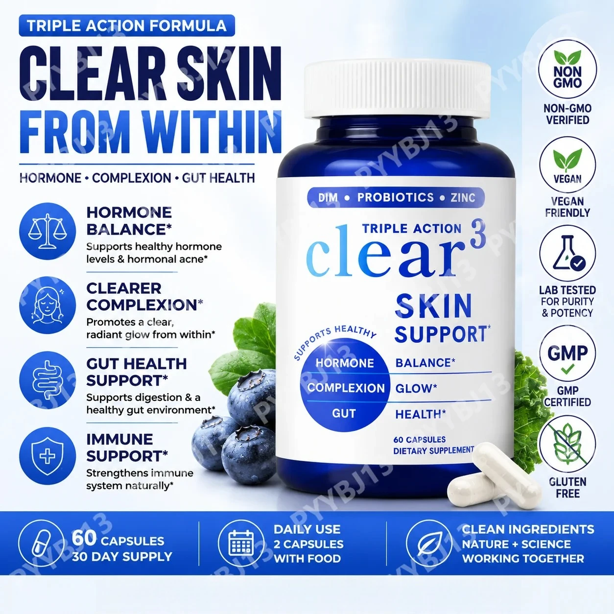 Clear³ Skin Support Supplement with DIM, Probiotics & Zinc – Healthy Skin & Gut Nutritional Support, 60 Capsules