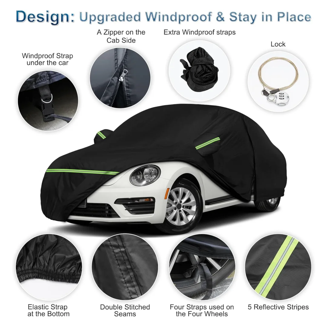 Outdoor Waterproof Full Car Covers All Weather Heavy Duty Protection with Driver Side Zipper For 1998-2022 Volkswagen New Beetle