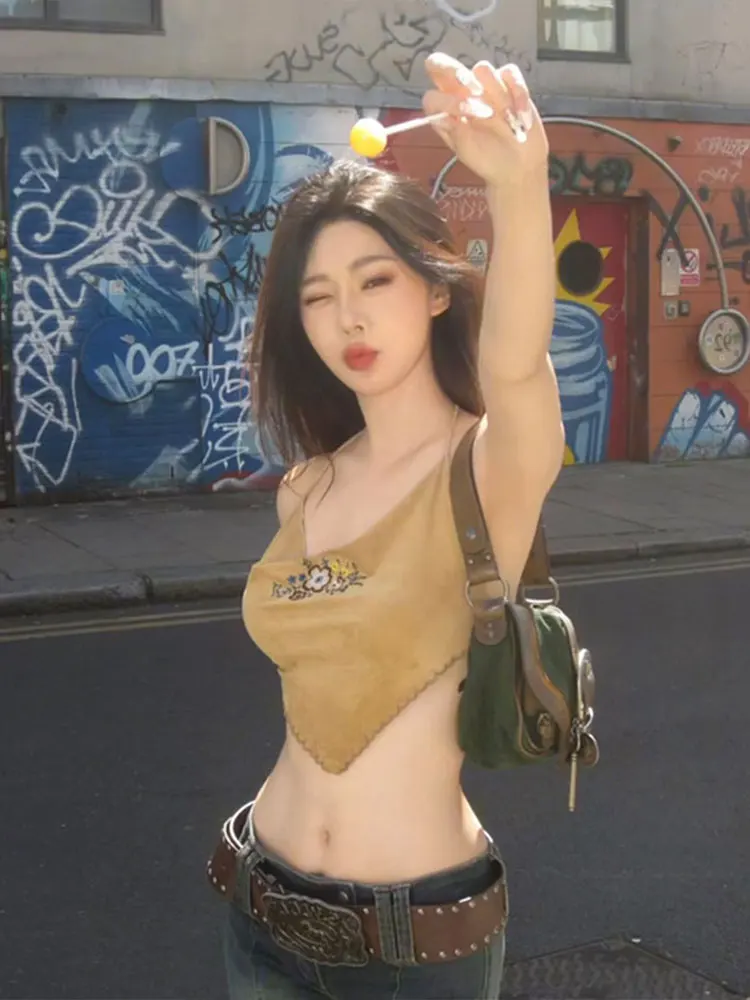 Sexy Short Floral Print  Hanging Neck Vest Women's Summer Atmosphere Short Crop Top Sexy Sleeveless Shirt for Ladies