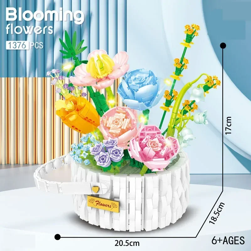 Summer Sunshine Flower Basket Building Blocks Bouquet Bricks Toys Home Decoration Children Holiday Gift