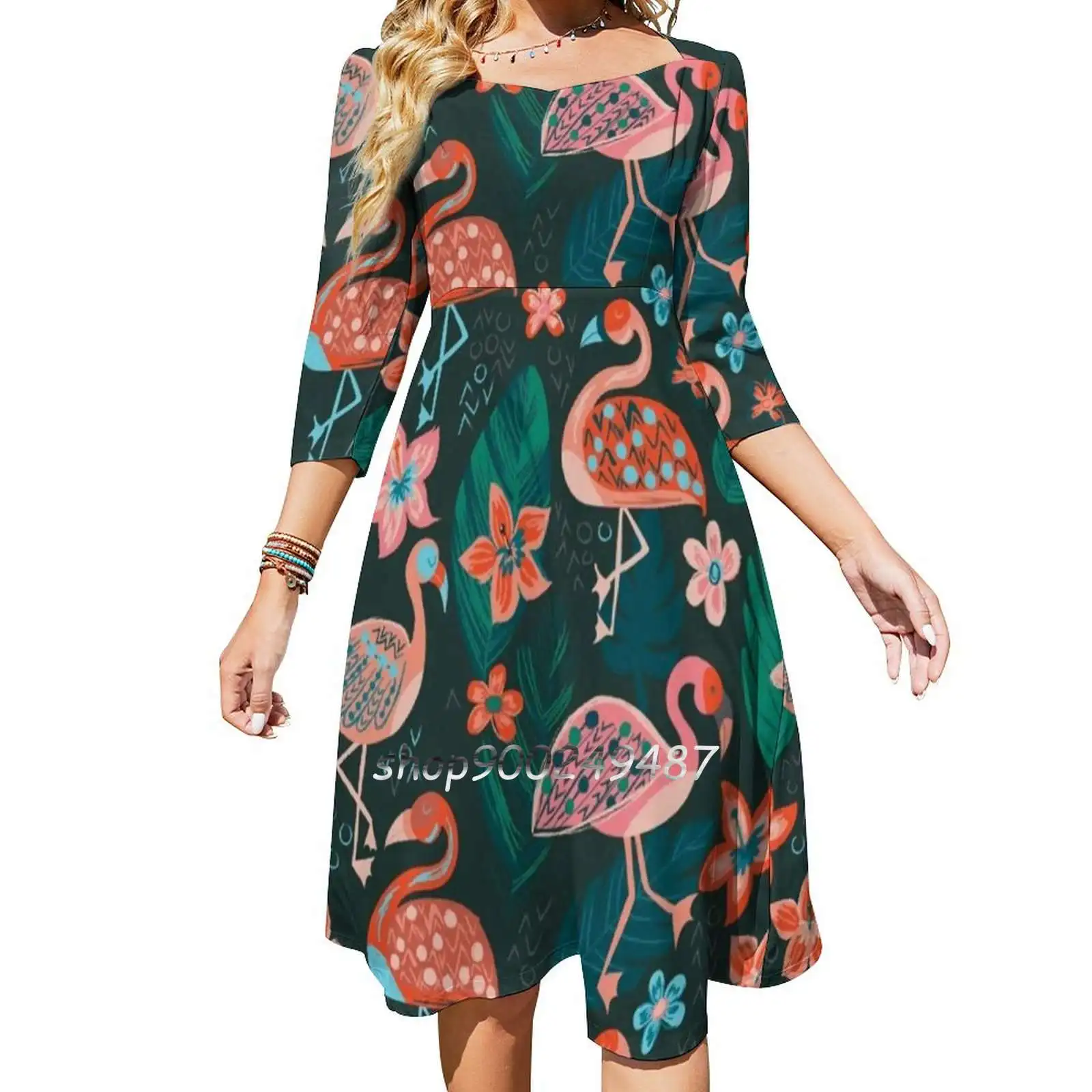 

Flamingo Parade Sweetheart Knot Flared Dress Fashion Design Large Size Loose Dress Flamingo Tropical Pattern Floral Nature