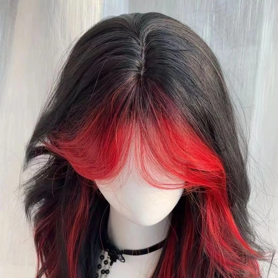 Synthetic Wig Female Punk Style Black And Red Bangs Dyed Medium Cut Highlight Dyed Long Curly Hair Personalized Headban