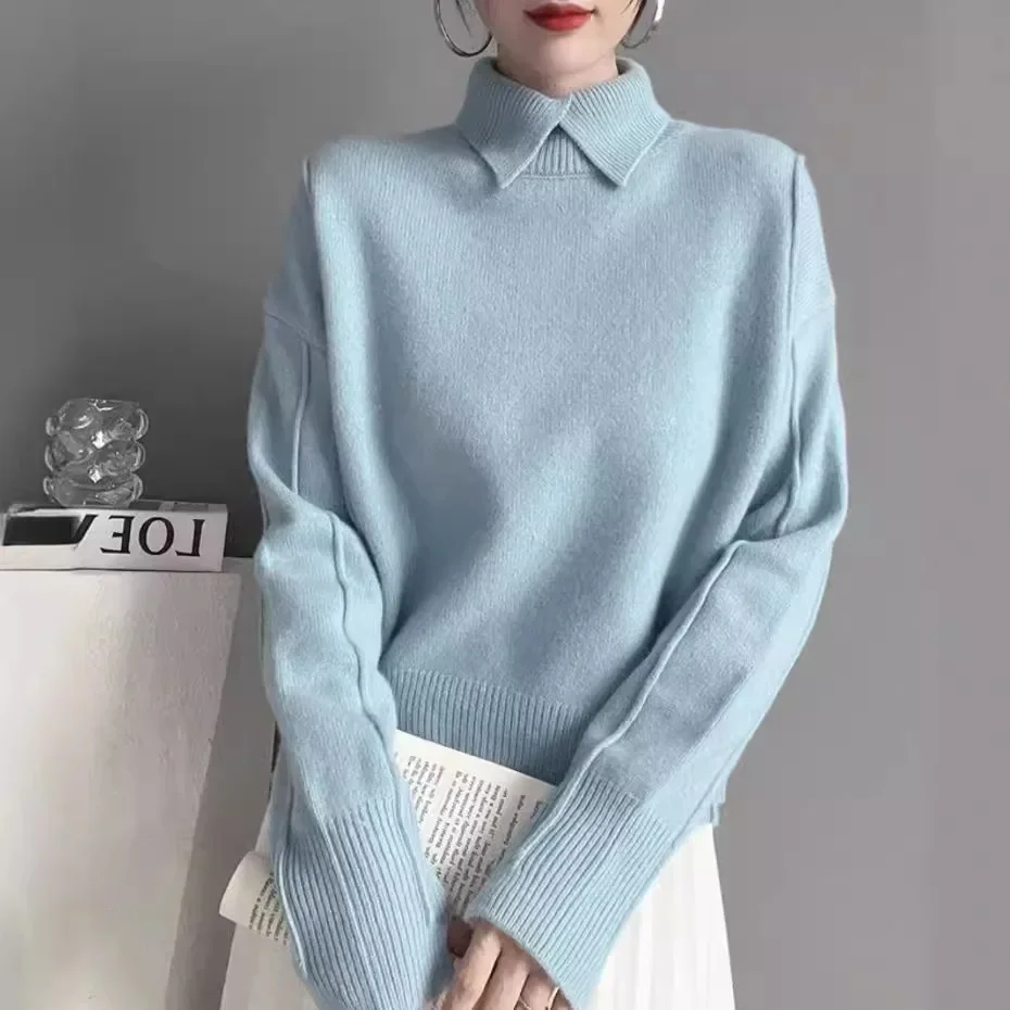 Women Soft Waxy Knitted Sweater Office Lady Autumn Winter Leisure Solid Lapel Polo Collar Pullover Sweater Jumper Woman Knitwear