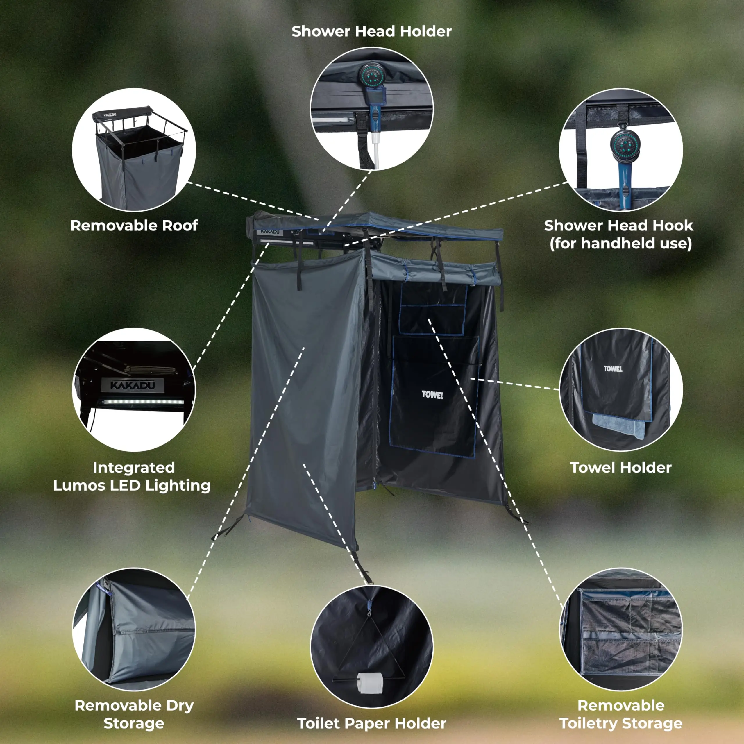 Kakadu Outback Shower Vehicle Tent, Camping Privacy Shelter, Bathroom Tent for Cars – with Roof, LED Light, BlockOut